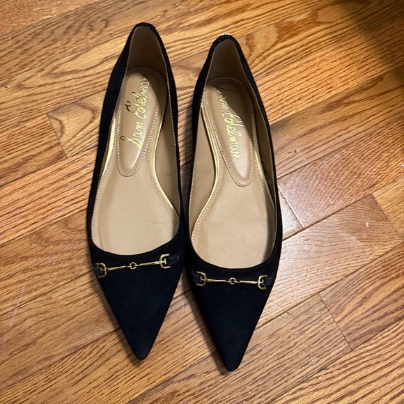 Sam Edelman Women sz 9 Suede Nori Pointed Ballet Flats black gold buckle office - Picture 1 of 11